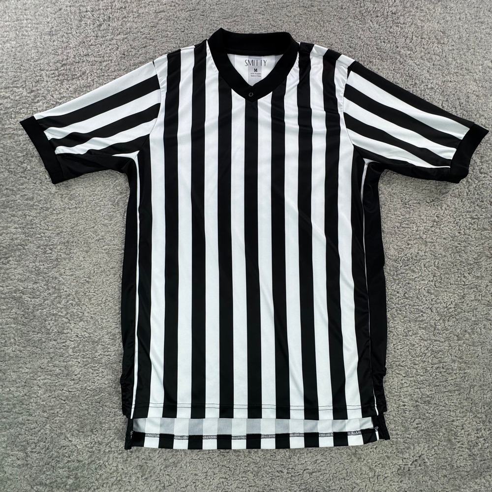 Smitty Referee Jersey Mens Medium Black White Striped V-Neck Short Sleeve SM237